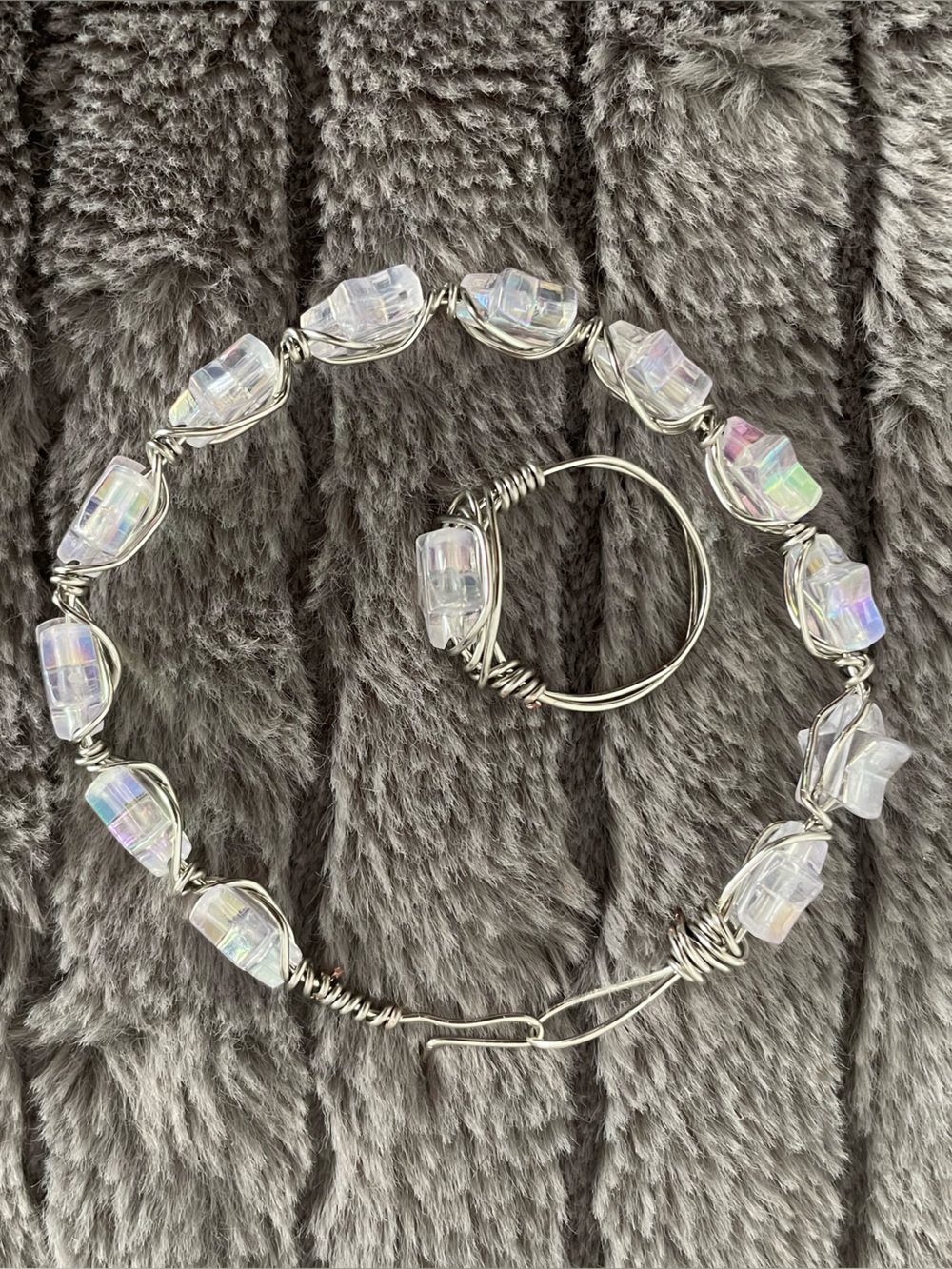 Iridescent Star Crystal Wire-Wrapped Bracelet and Ring Set - White